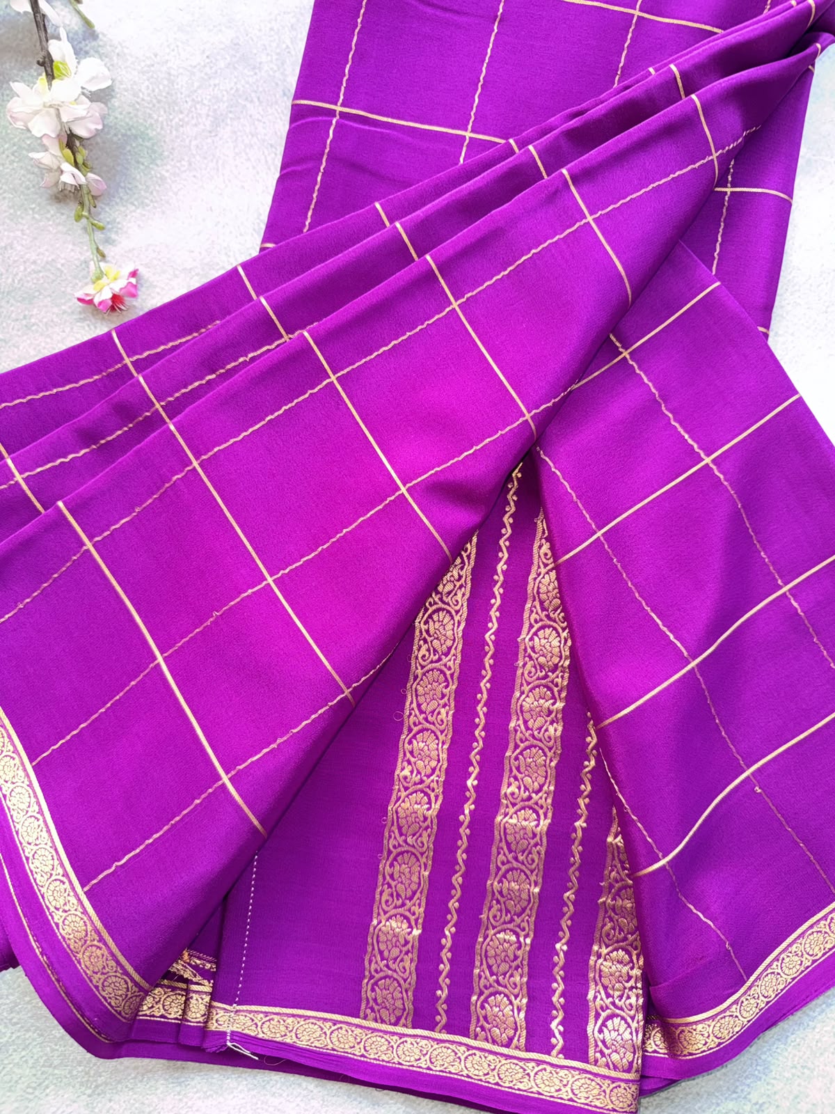 Magenta Checks Pure Mysore Crepe Silk Saree 109