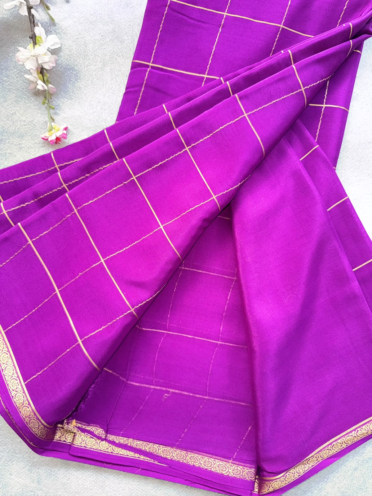 Magenta Checks Pure Mysore Crepe Silk Saree 109