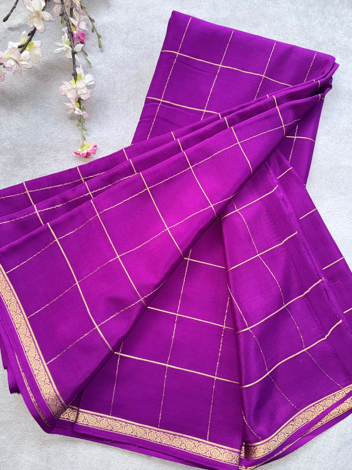 Magenta Checks Pure Mysore Crepe Silk Saree 109