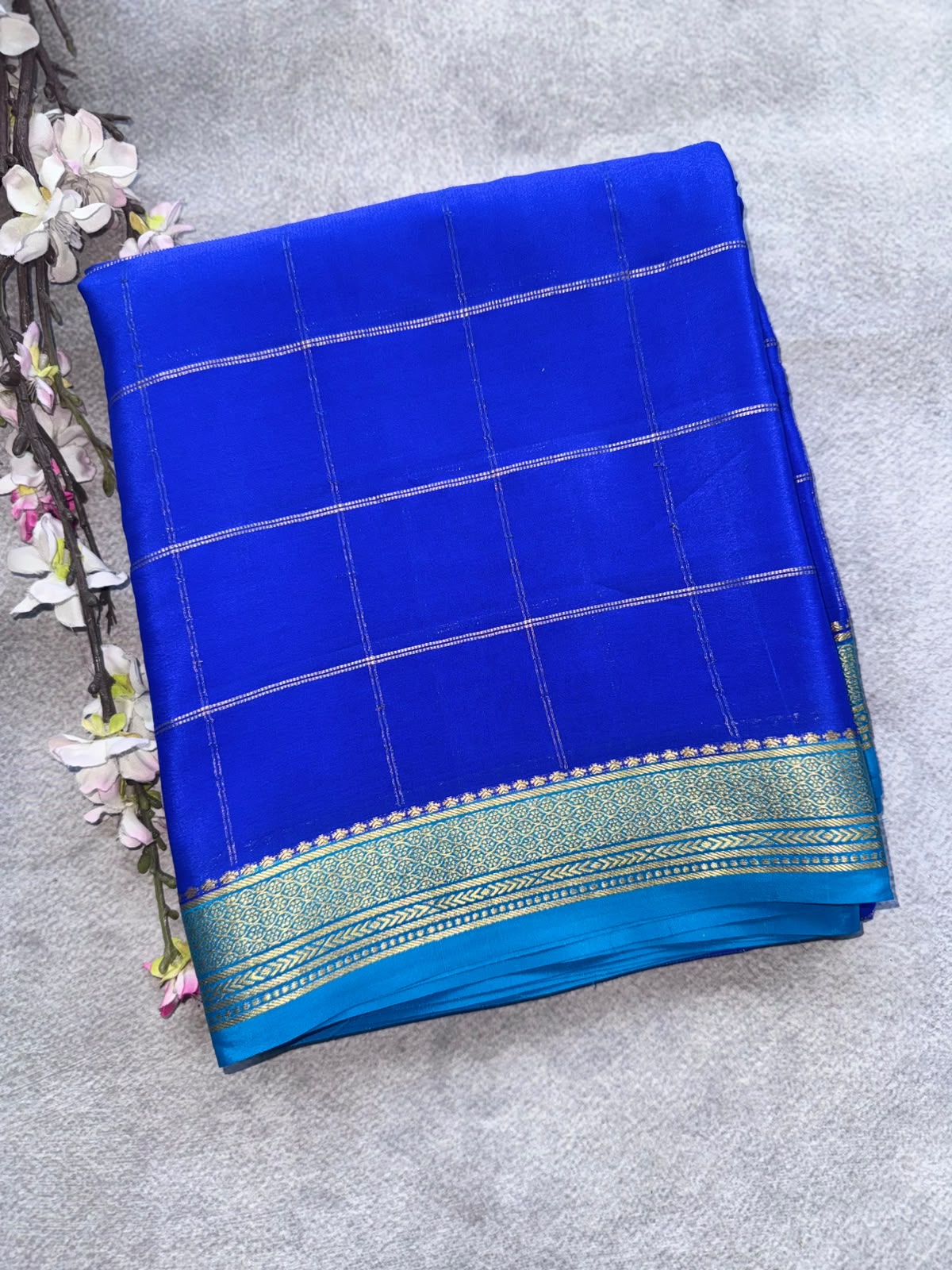 Royal Blue Checks Pure Mysore Crepe Silk Saree 109