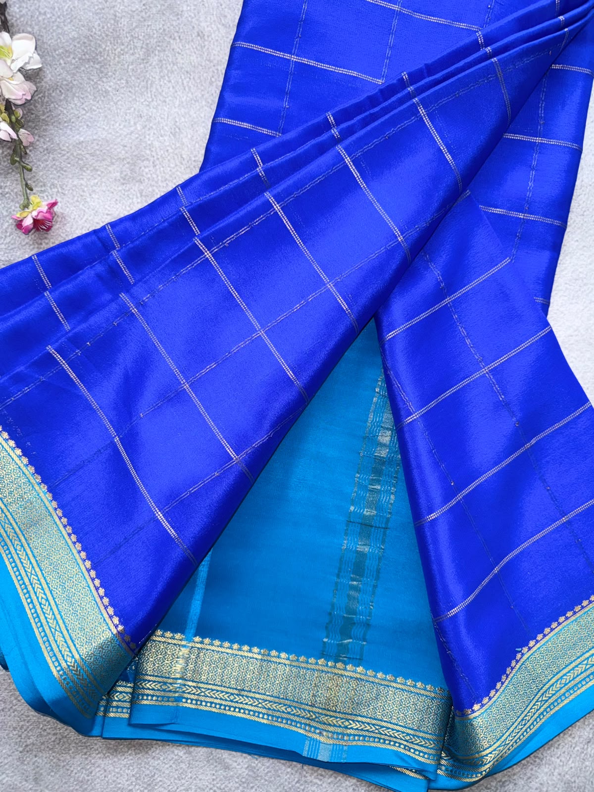 Royal Blue Checks Pure Mysore Crepe Silk Saree 109