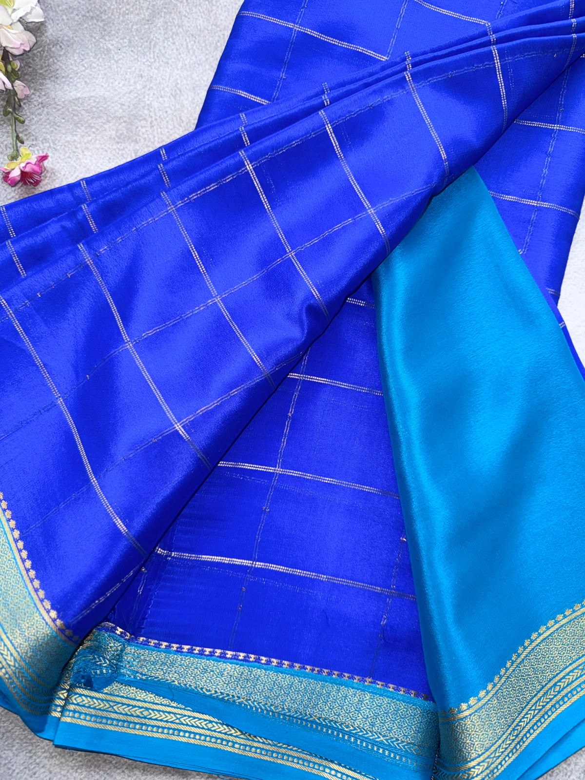 Royal Blue Checks Pure Mysore Crepe Silk Saree 109