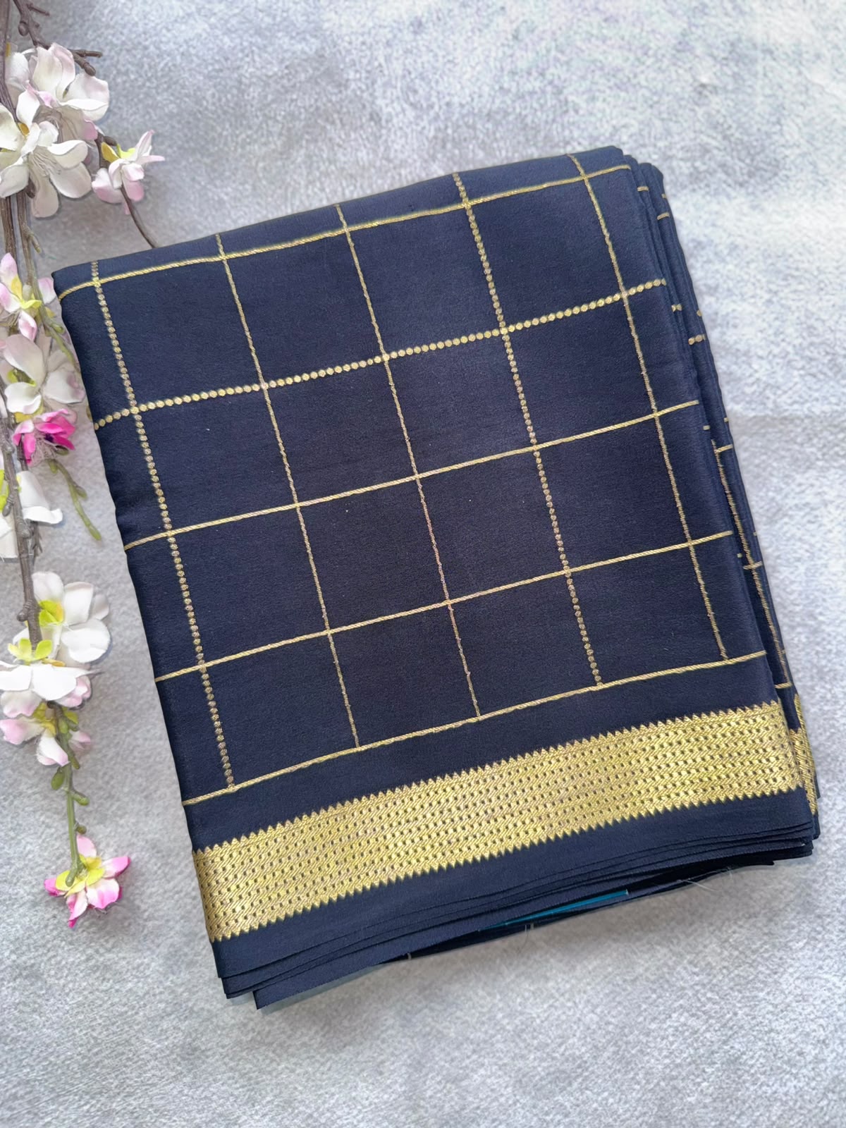 Black Checks Pure Mysore Crepe Silk Saree 109