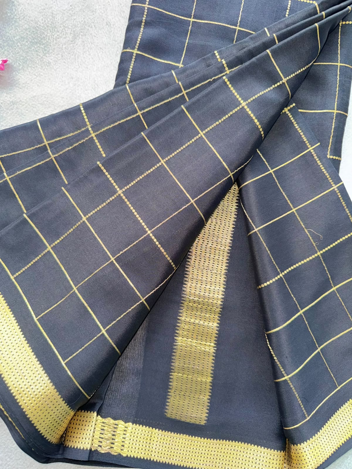 Black Checks Pure Mysore Crepe Silk Saree 109