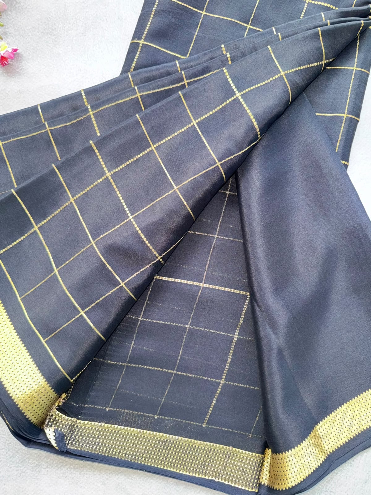 Black Checks Pure Mysore Crepe Silk Saree 109
