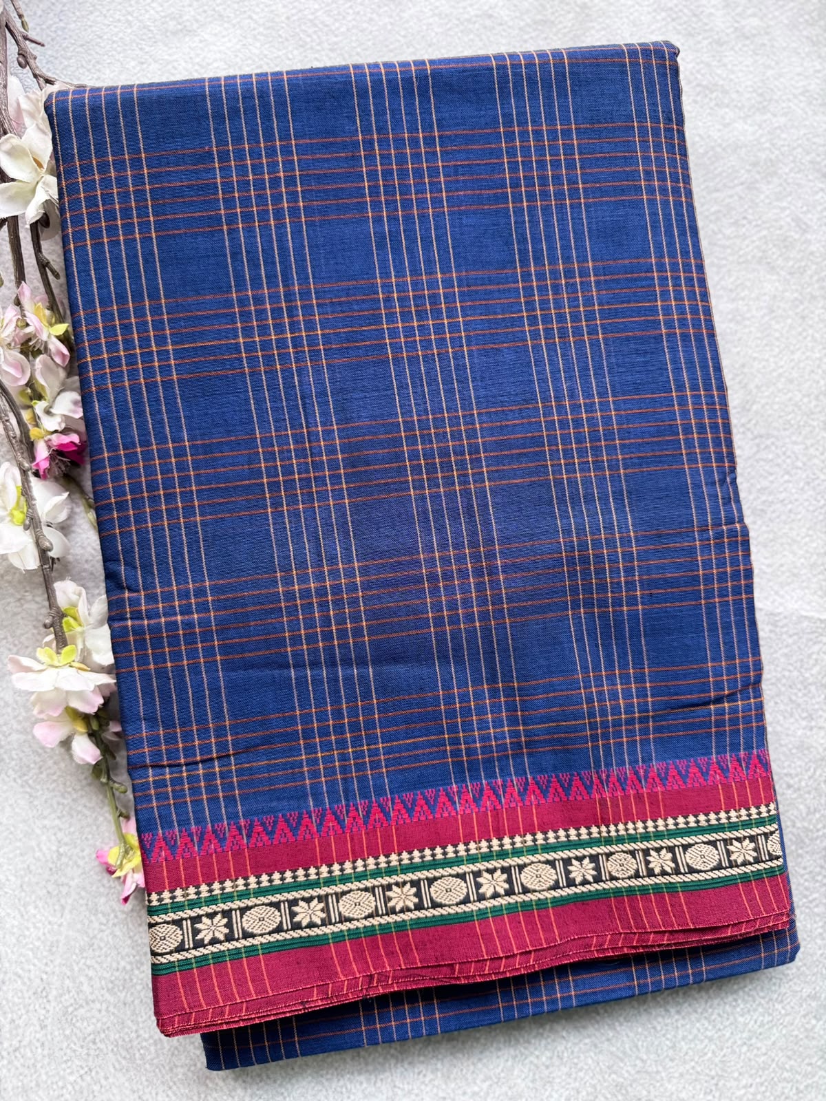 Navy Blue Checks Narayanpet Cotton Saree 109