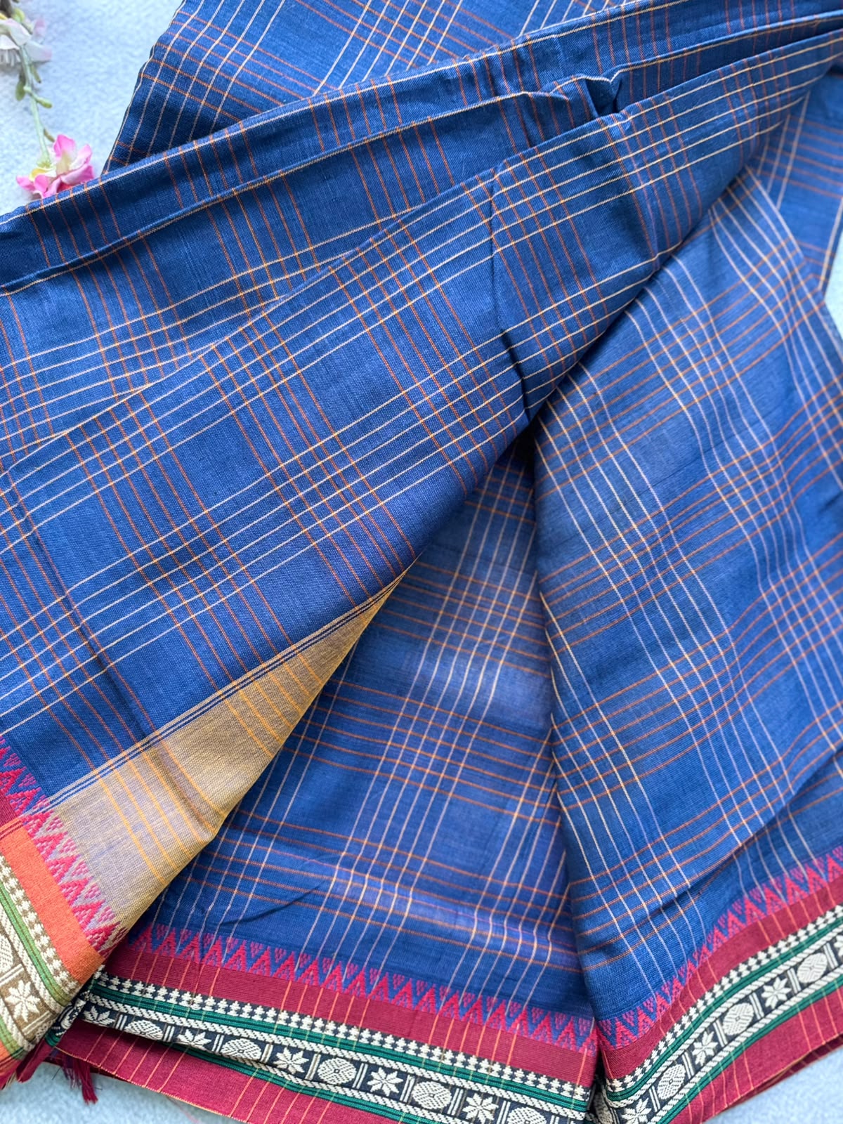Navy Blue Checks Narayanpet Cotton Saree 109
