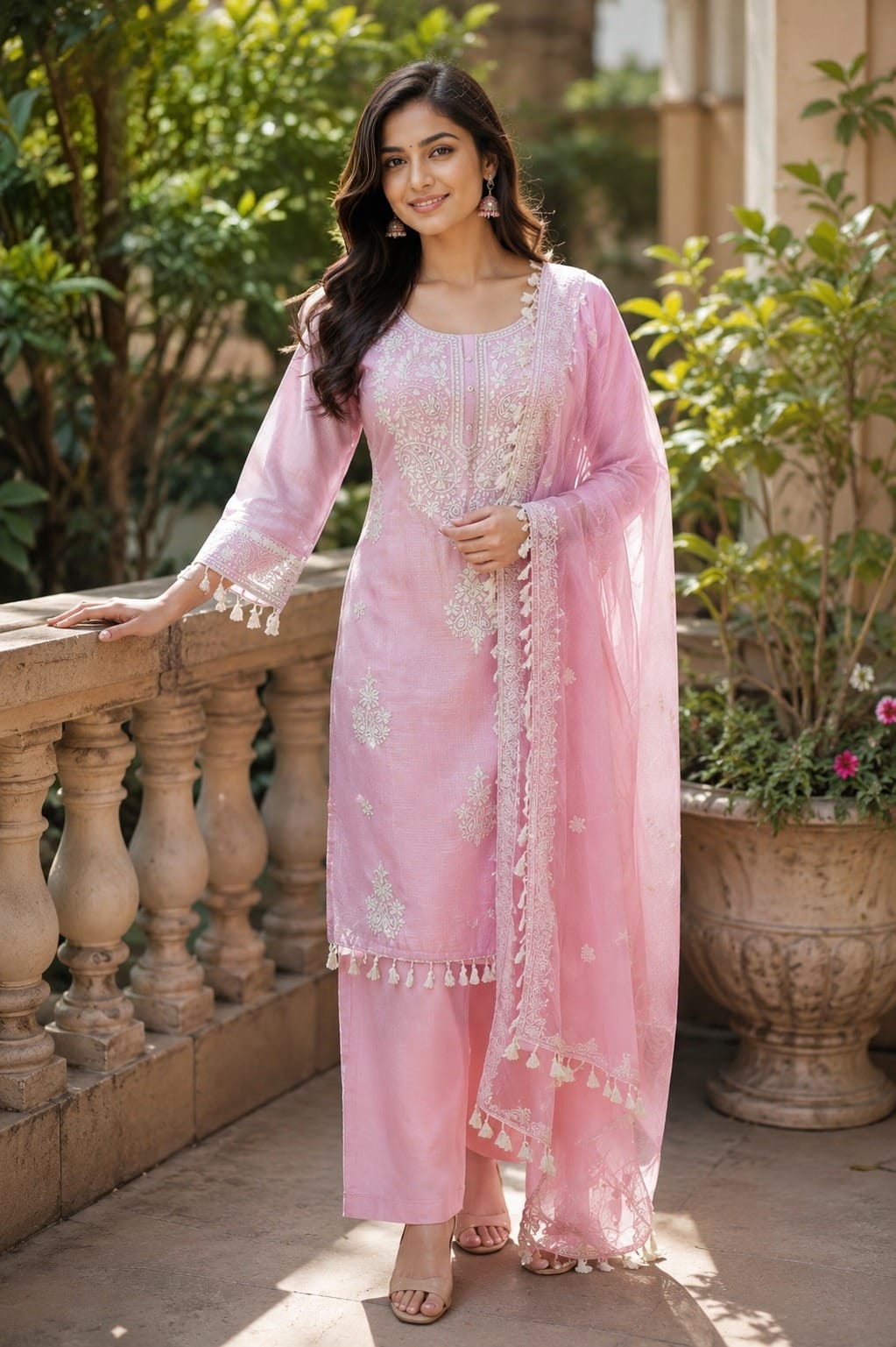 Baby Pink Kota Silk Thread Embroidery straightfit Kurtha 643
