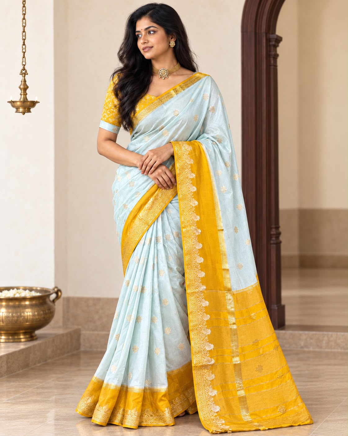 Blue Yellow Dola Crepe Saree 109