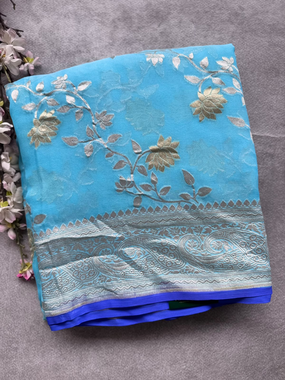 Blue Handloom Pure Benarasi Georgette Saree 109