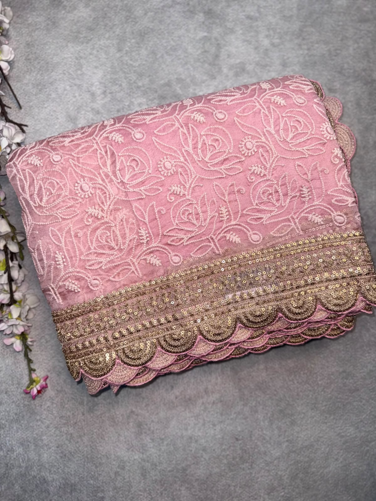 Pink Chikankari Katha Work Scallop Border Saree (Swara)