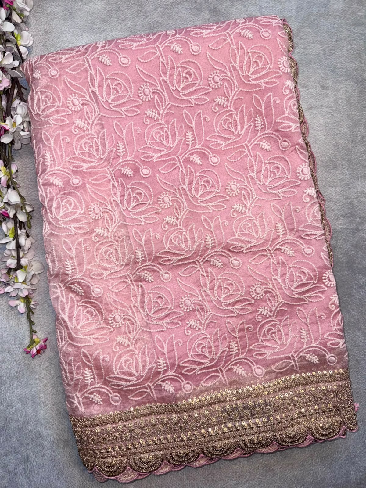 Pink Chikankari Katha Work Scallop Border Saree (Swara)