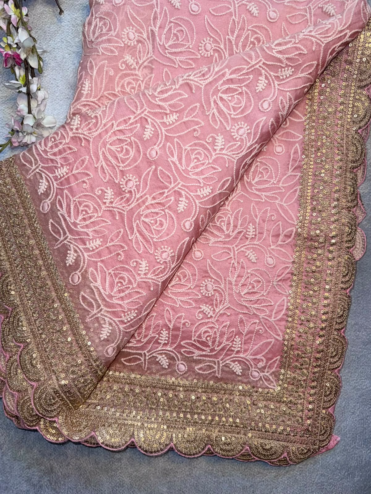 Pink Chikankari Katha Work Scallop Border Saree (Swara)