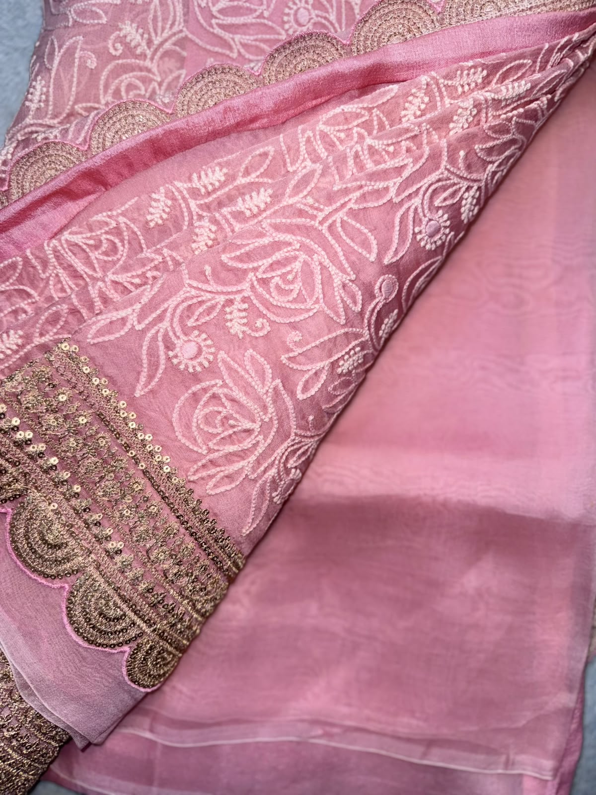 Pink Chikankari Katha Work Scallop Border Saree (Swara)