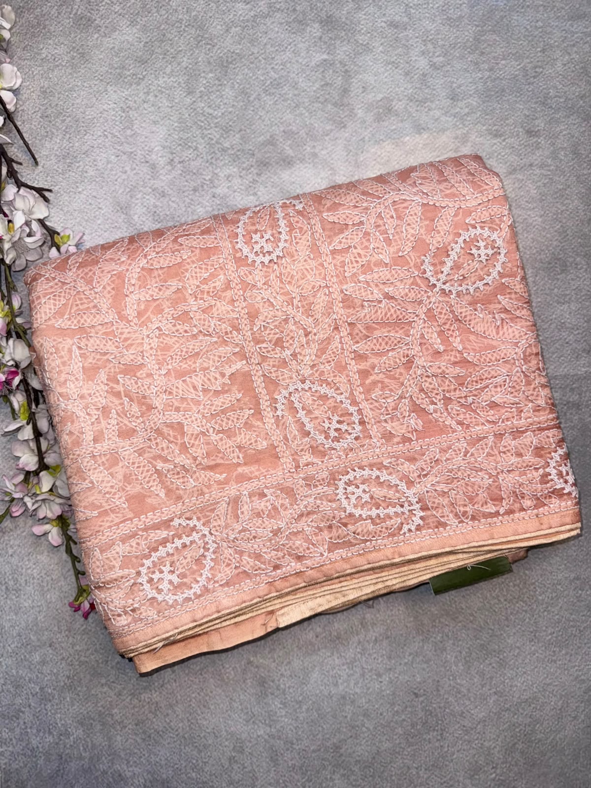 Peach Chikankari Katha Work Saree (Swara)