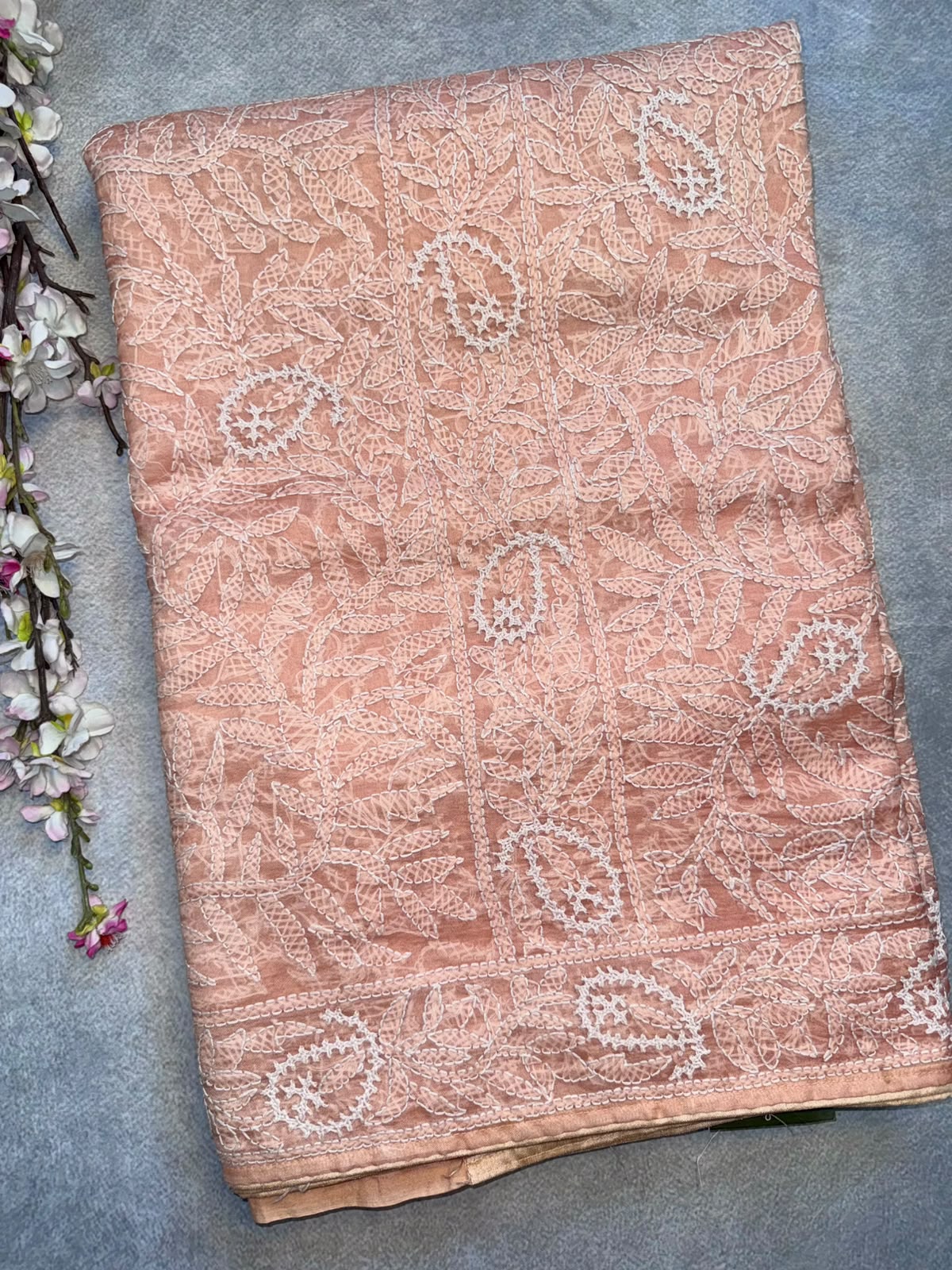 Peach Chikankari Katha Work Saree (Swara)