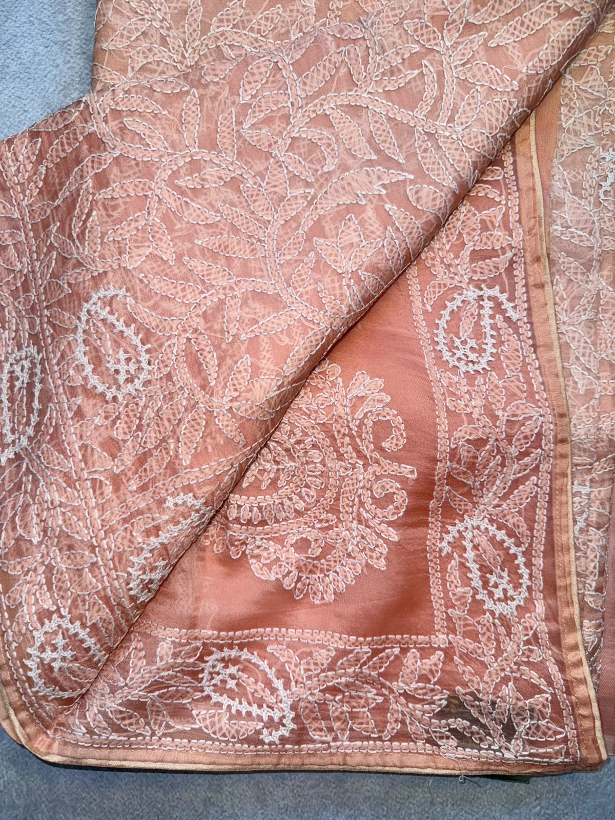 Peach Chikankari Katha Work Saree (Swara)