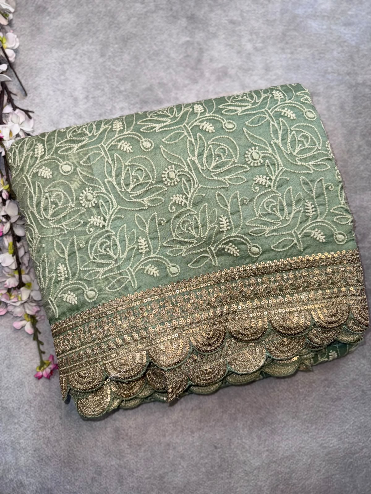 Green Chikankari Katha Work Scallop Border Saree (Swara)