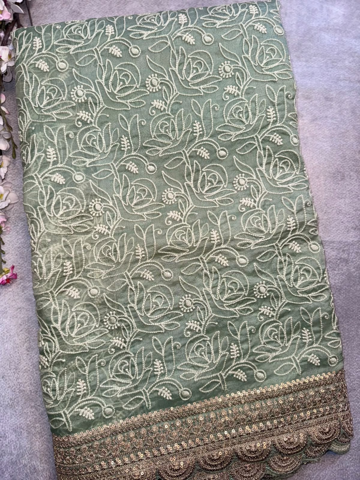 Green Chikankari Katha Work Scallop Border Saree (Swara)