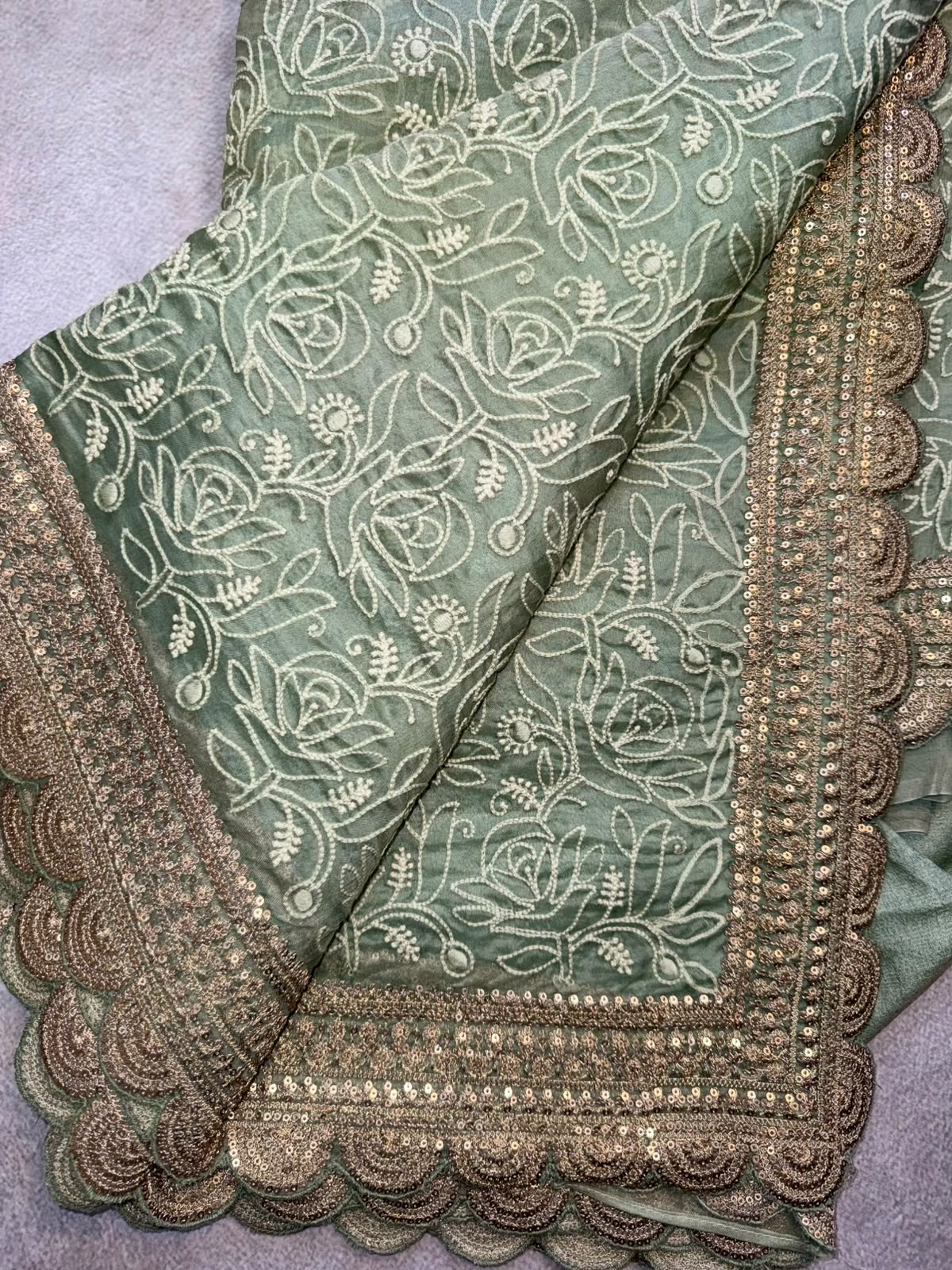 Green Chikankari Katha Work Scallop Border Saree (Swara)