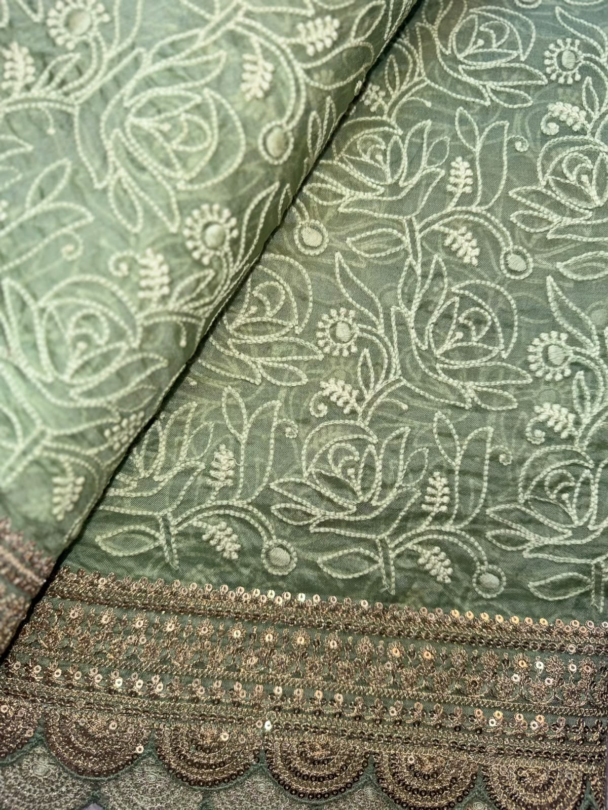 Green Chikankari Katha Work Scallop Border Saree (Swara)