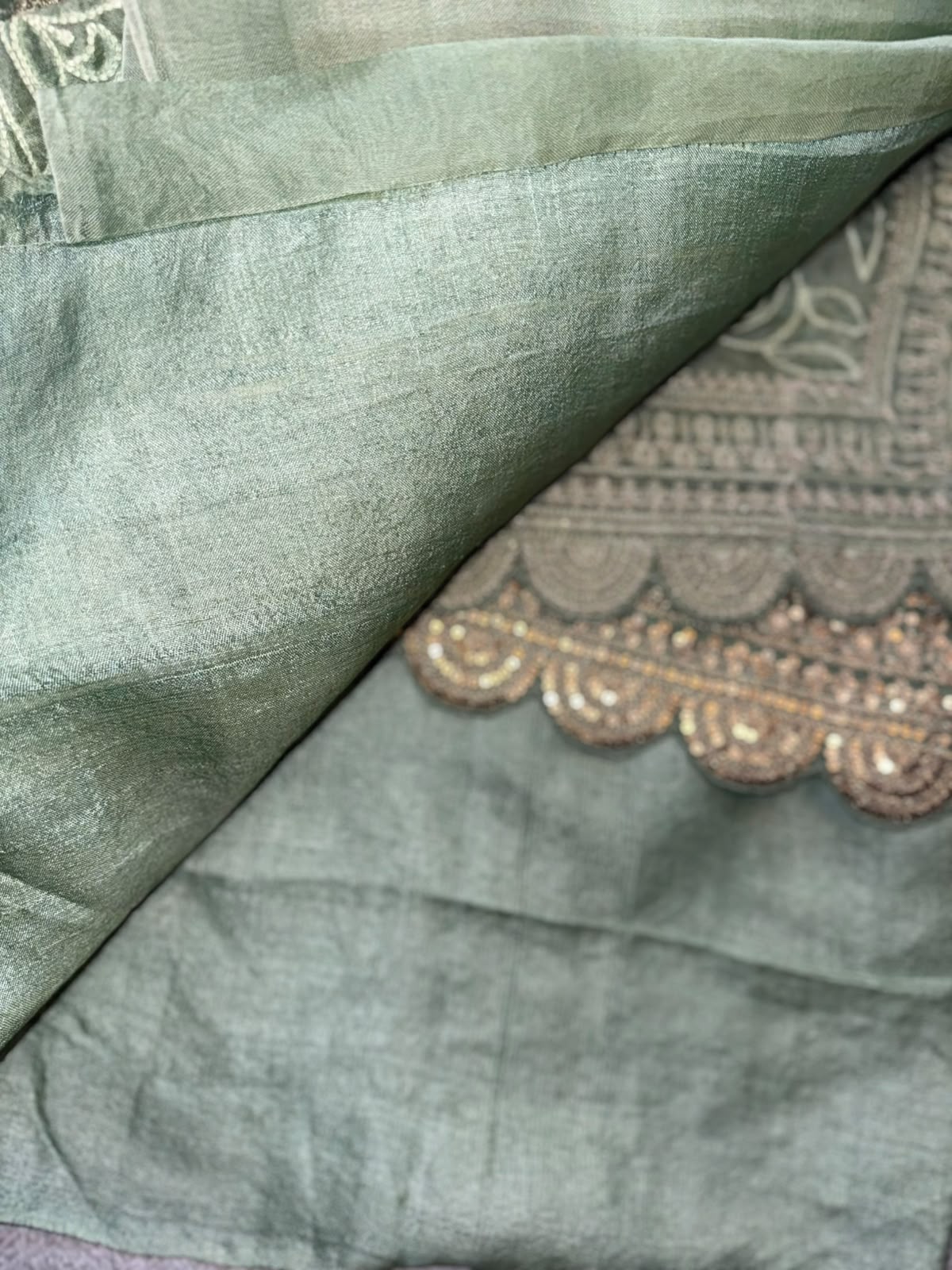 Green Chikankari Katha Work Scallop Border Saree (Swara)