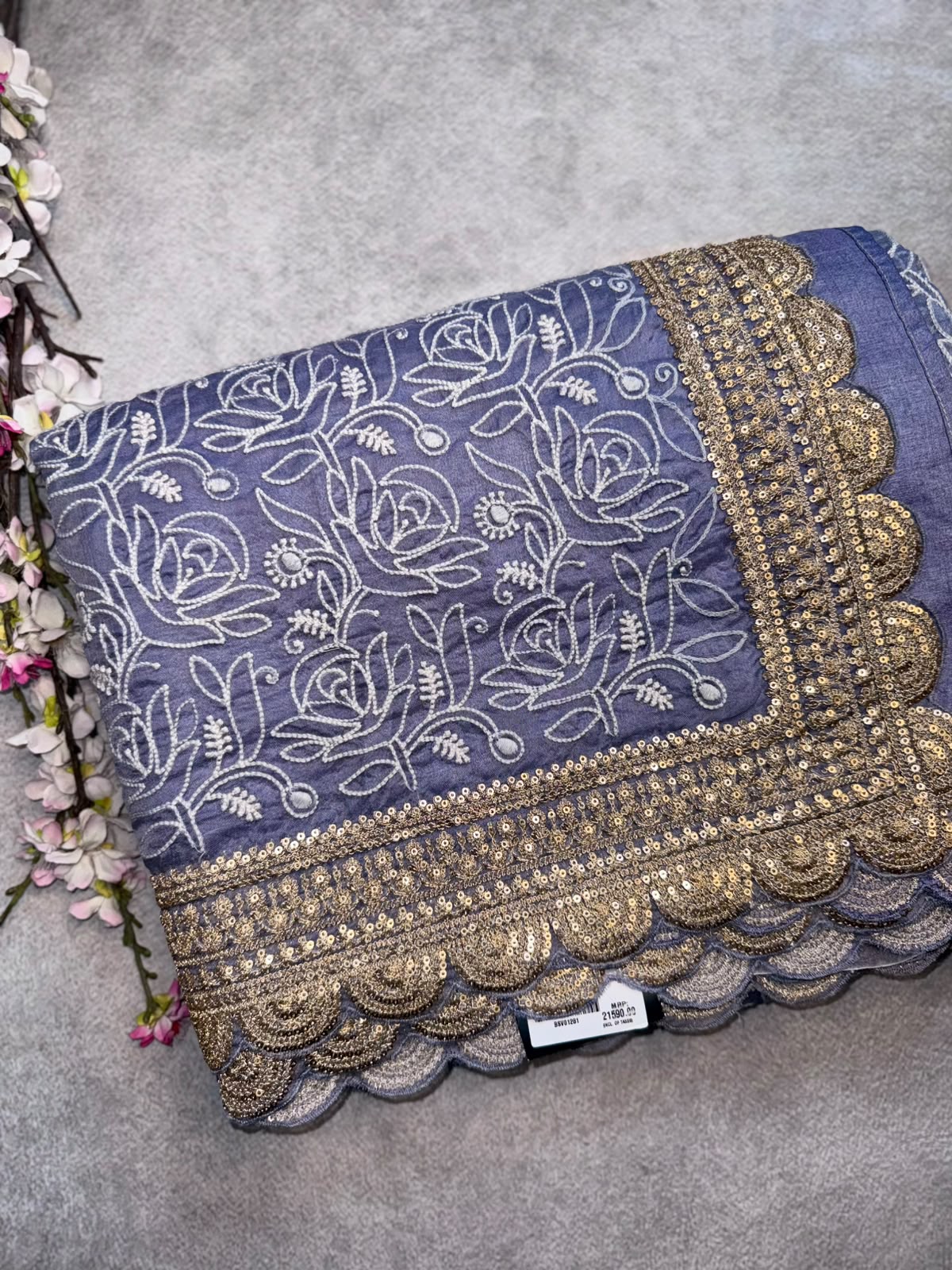 Grey Chikankari Katha Work Scallop Border Saree (Swara)