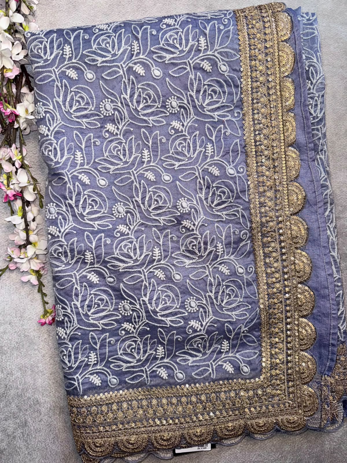 Grey Chikankari Katha Work Scallop Border Saree (Swara)