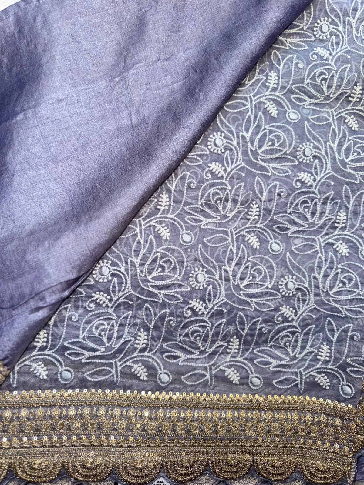 Grey Chikankari Katha Work Scallop Border Saree (Swara)