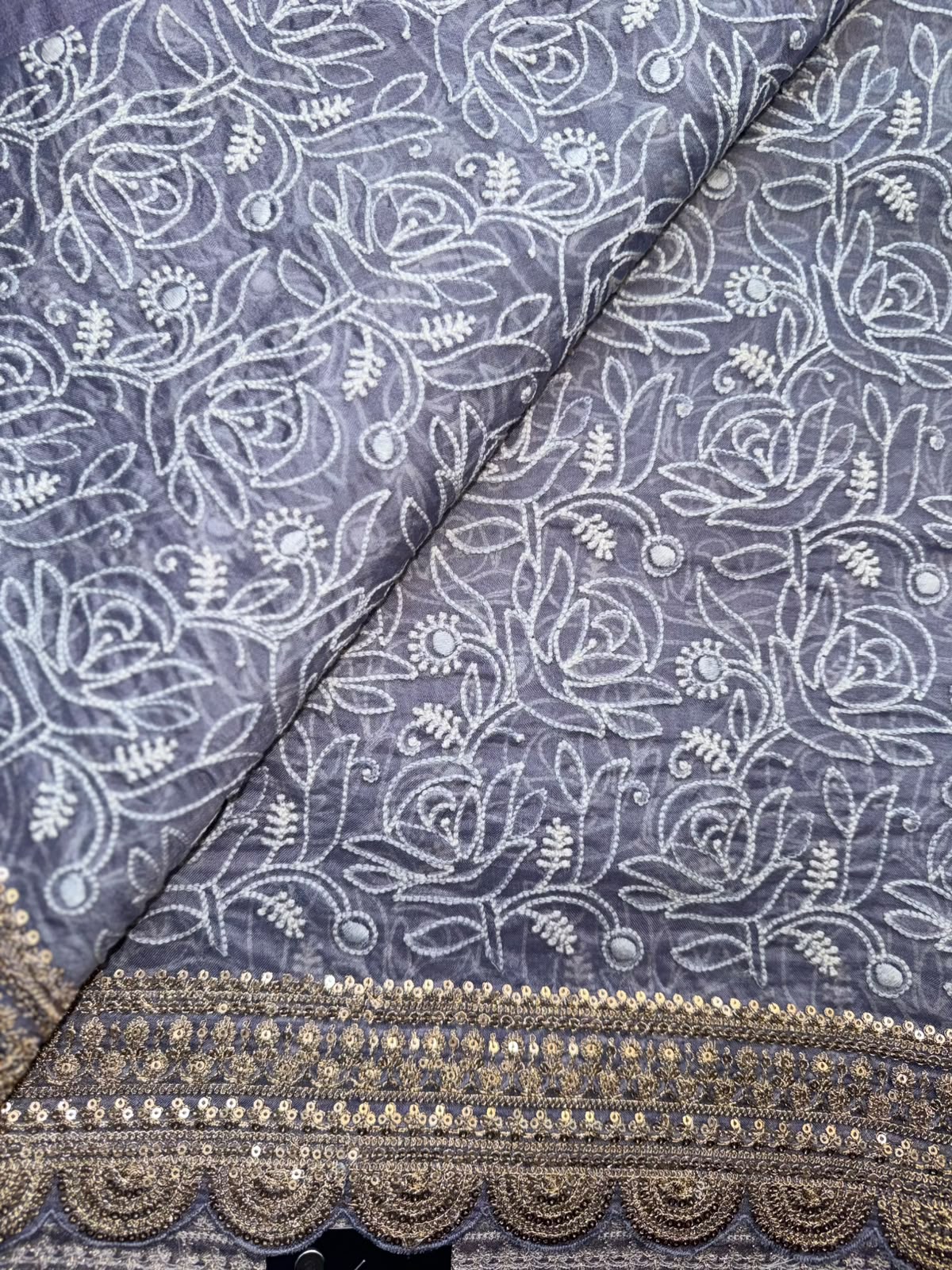 Grey Chikankari Katha Work Scallop Border Saree (Swara)