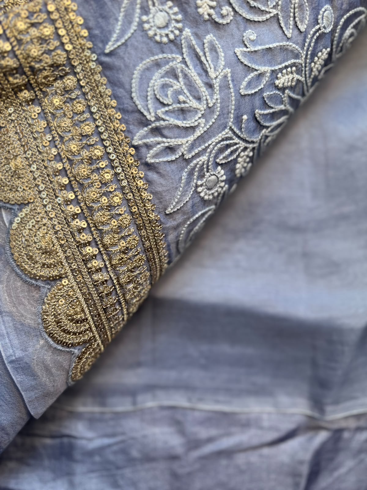 Grey Chikankari Katha Work Scallop Border Saree (Swara)