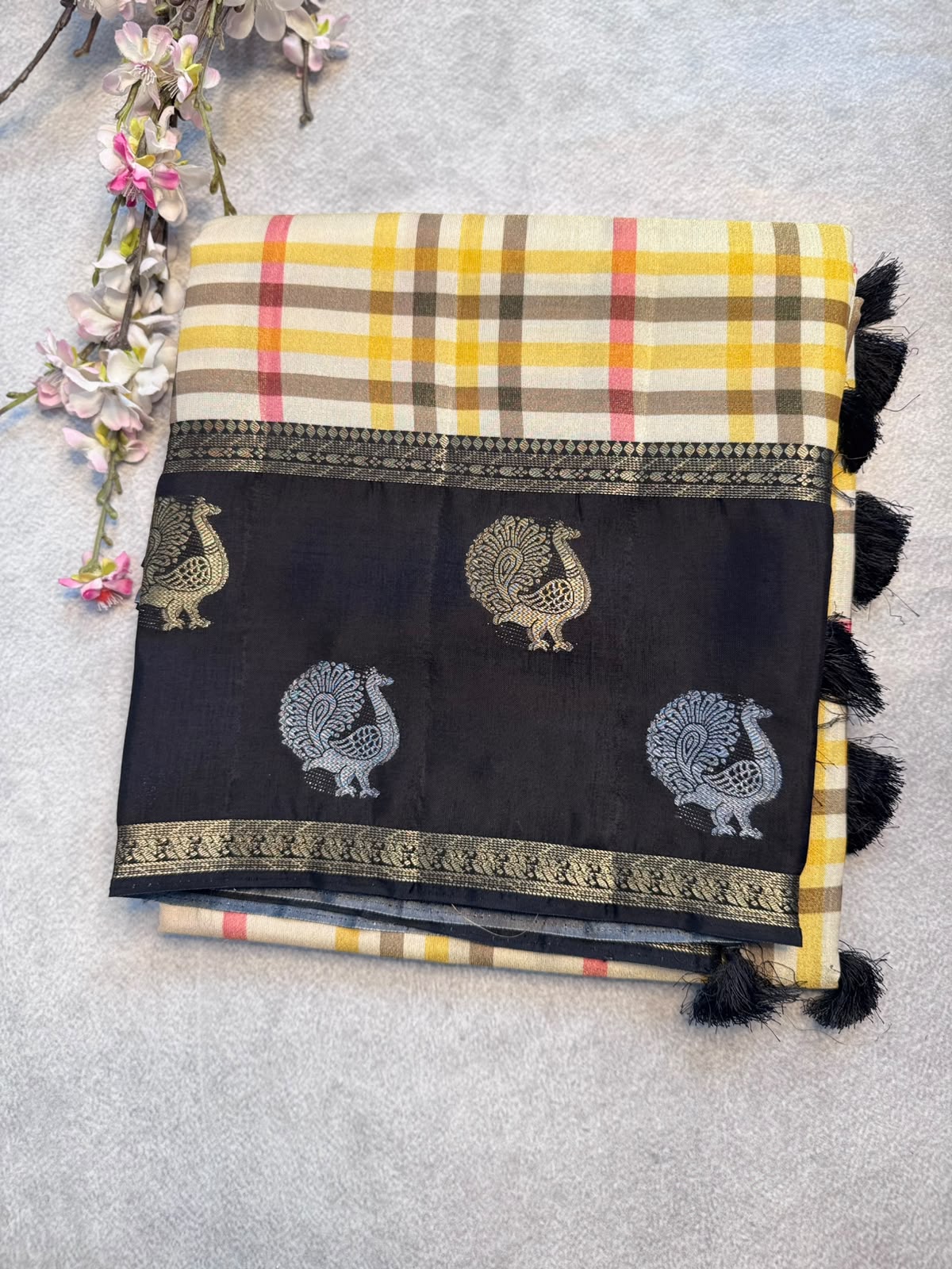 Cream n Black Checks Crepe Tissue Saree 109