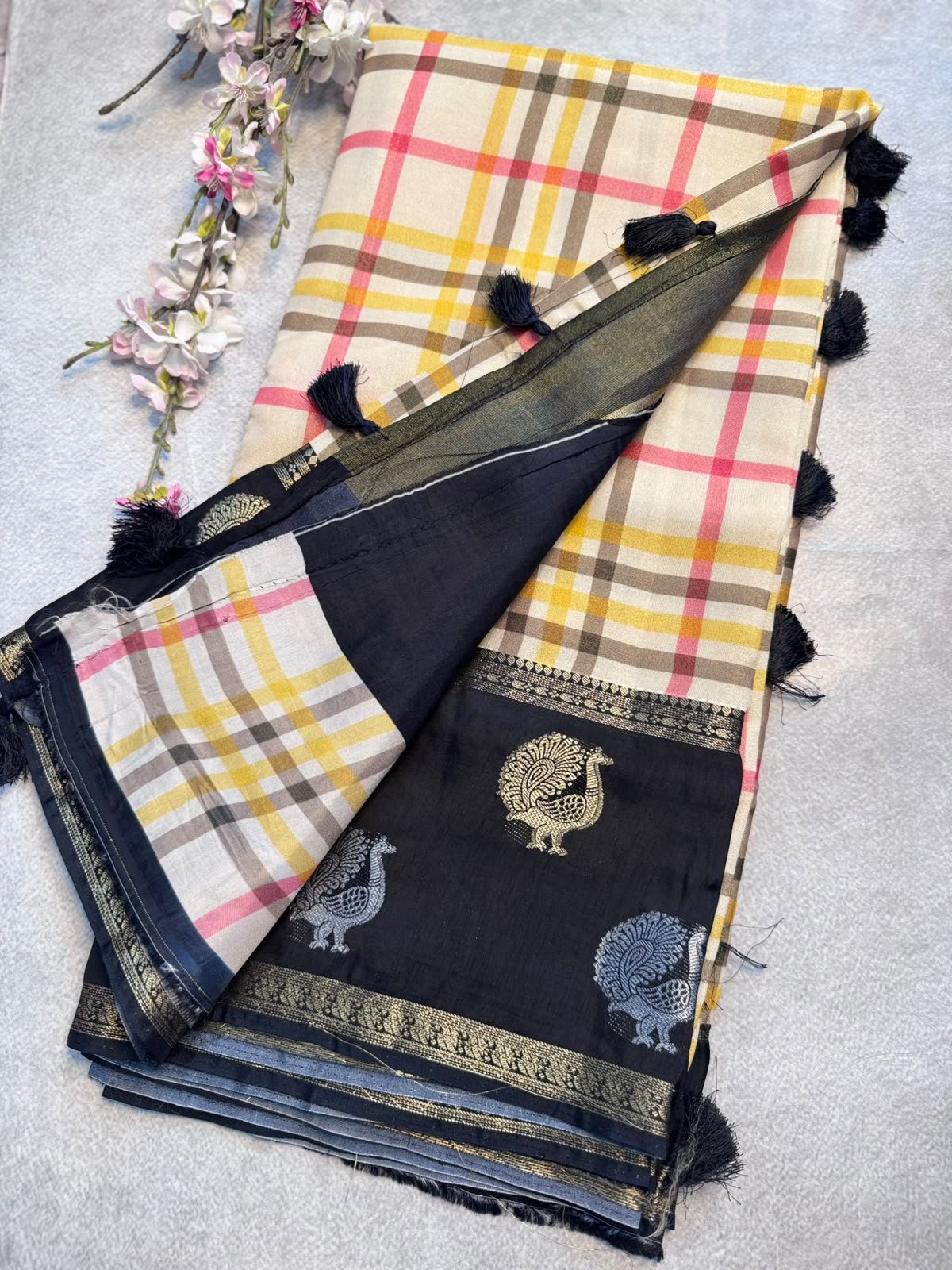 Cream n Black Checks Crepe Tissue Saree 109