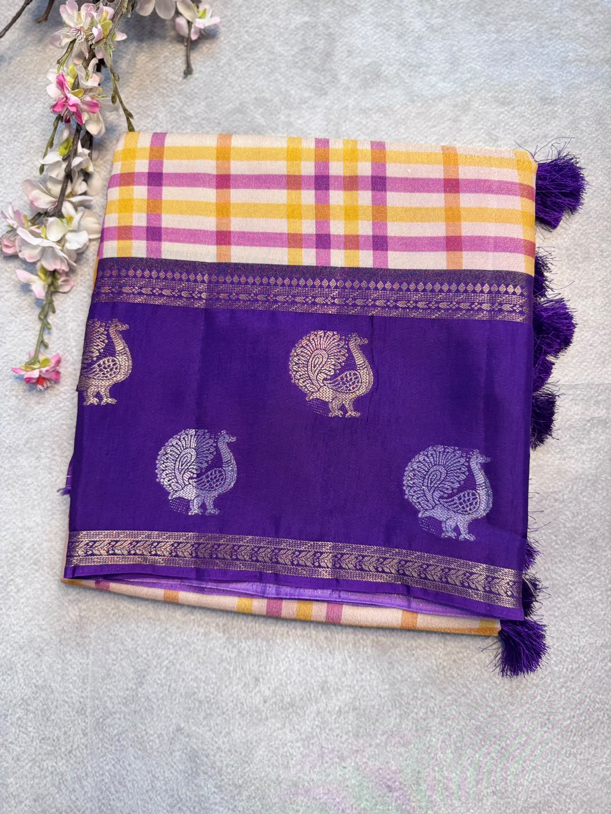 Cream n Purple Checks Crepe Tissue Saree 109