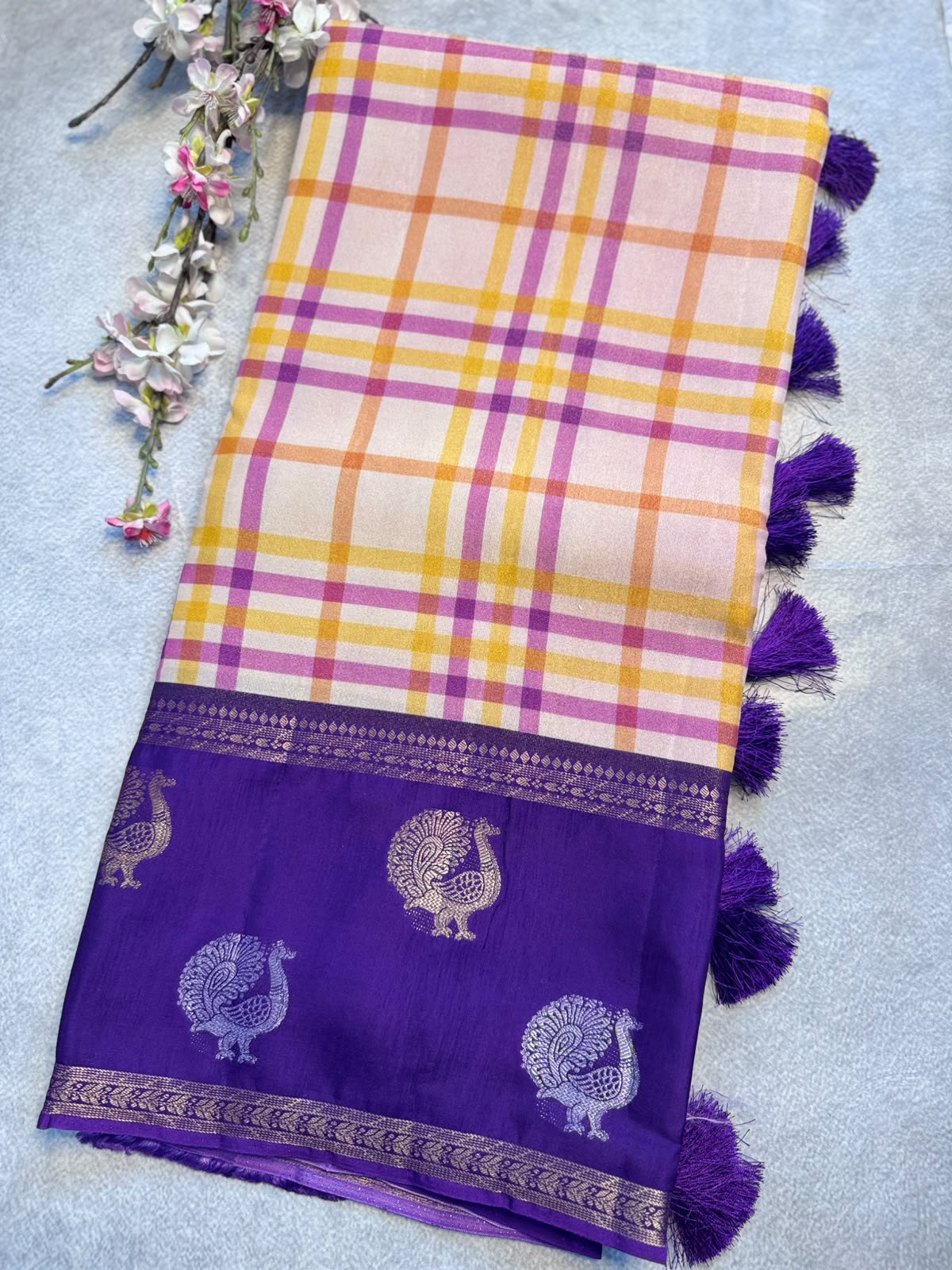 Cream n Purple Checks Crepe Tissue Saree 109