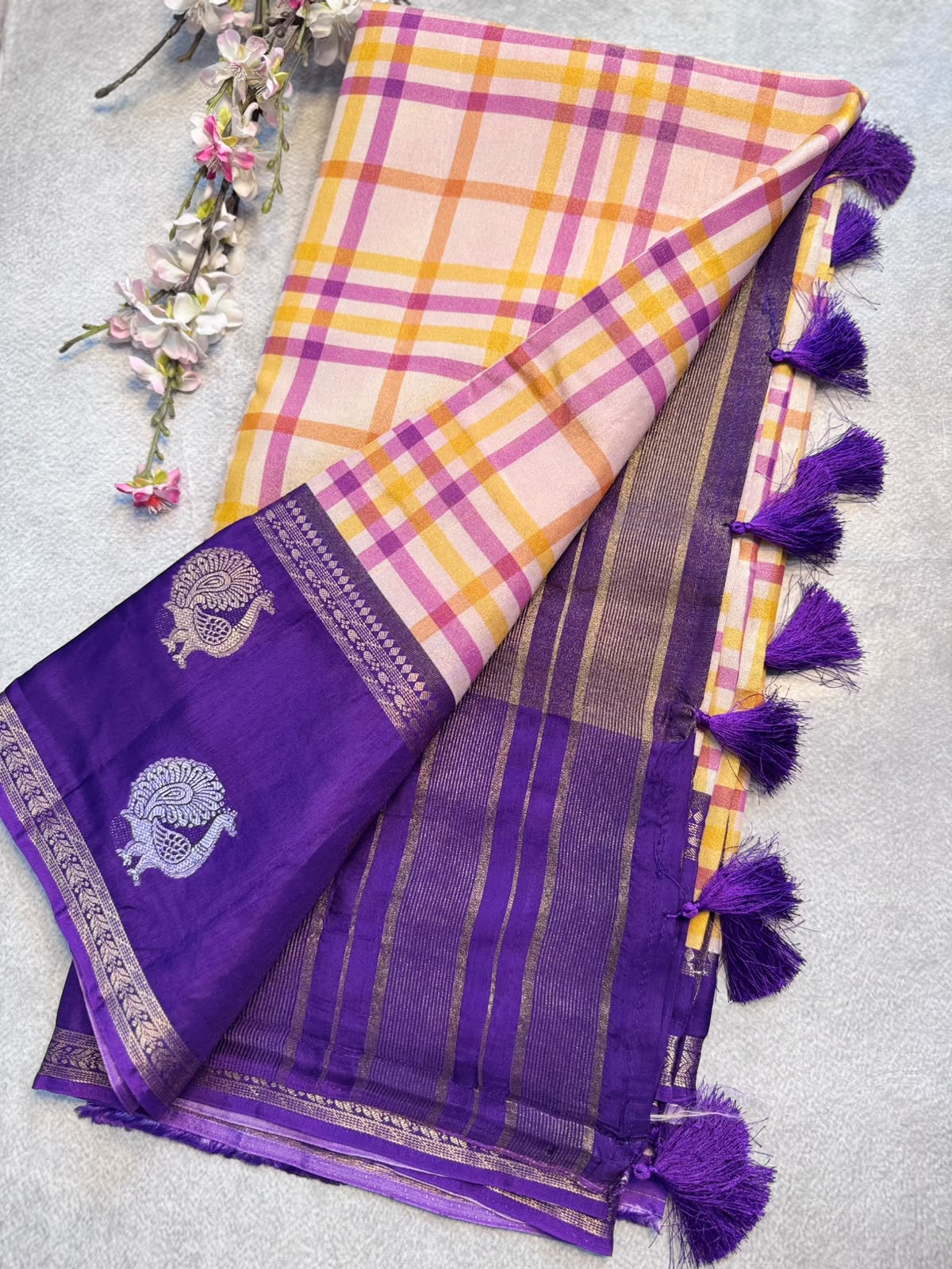 Cream n Purple Checks Crepe Tissue Saree 109