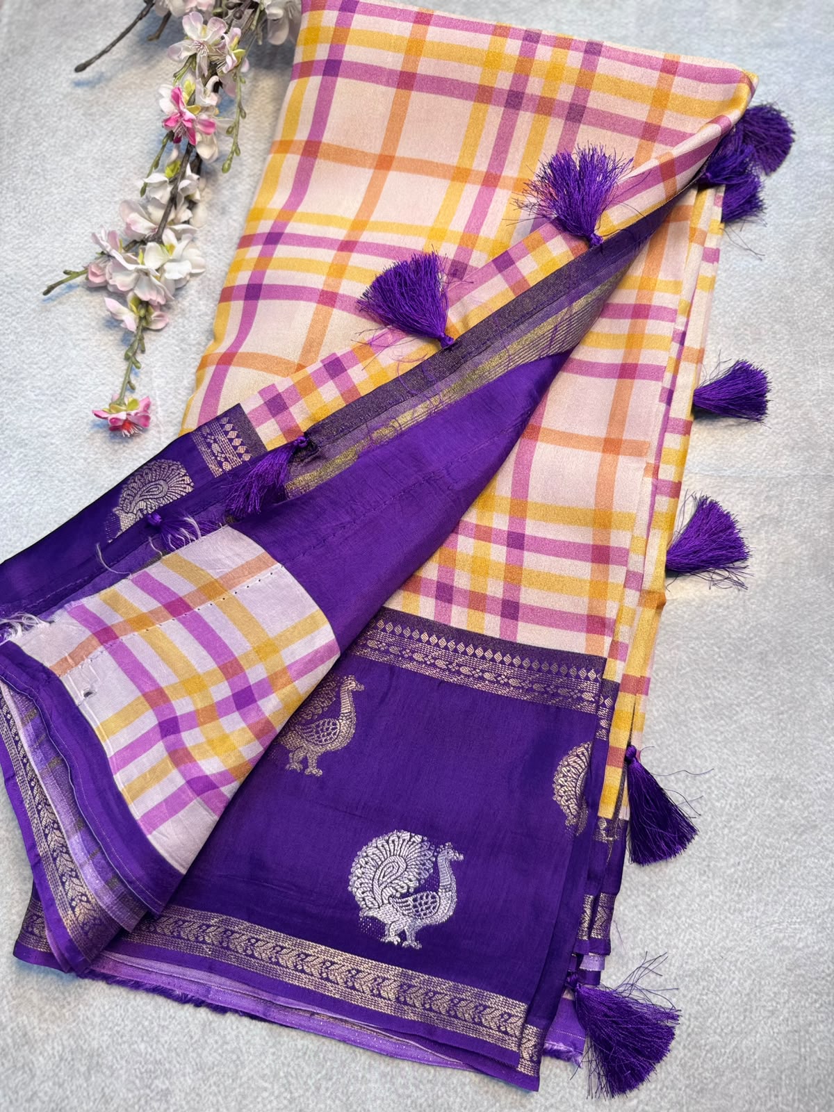 Cream n Purple Checks Crepe Tissue Saree 109
