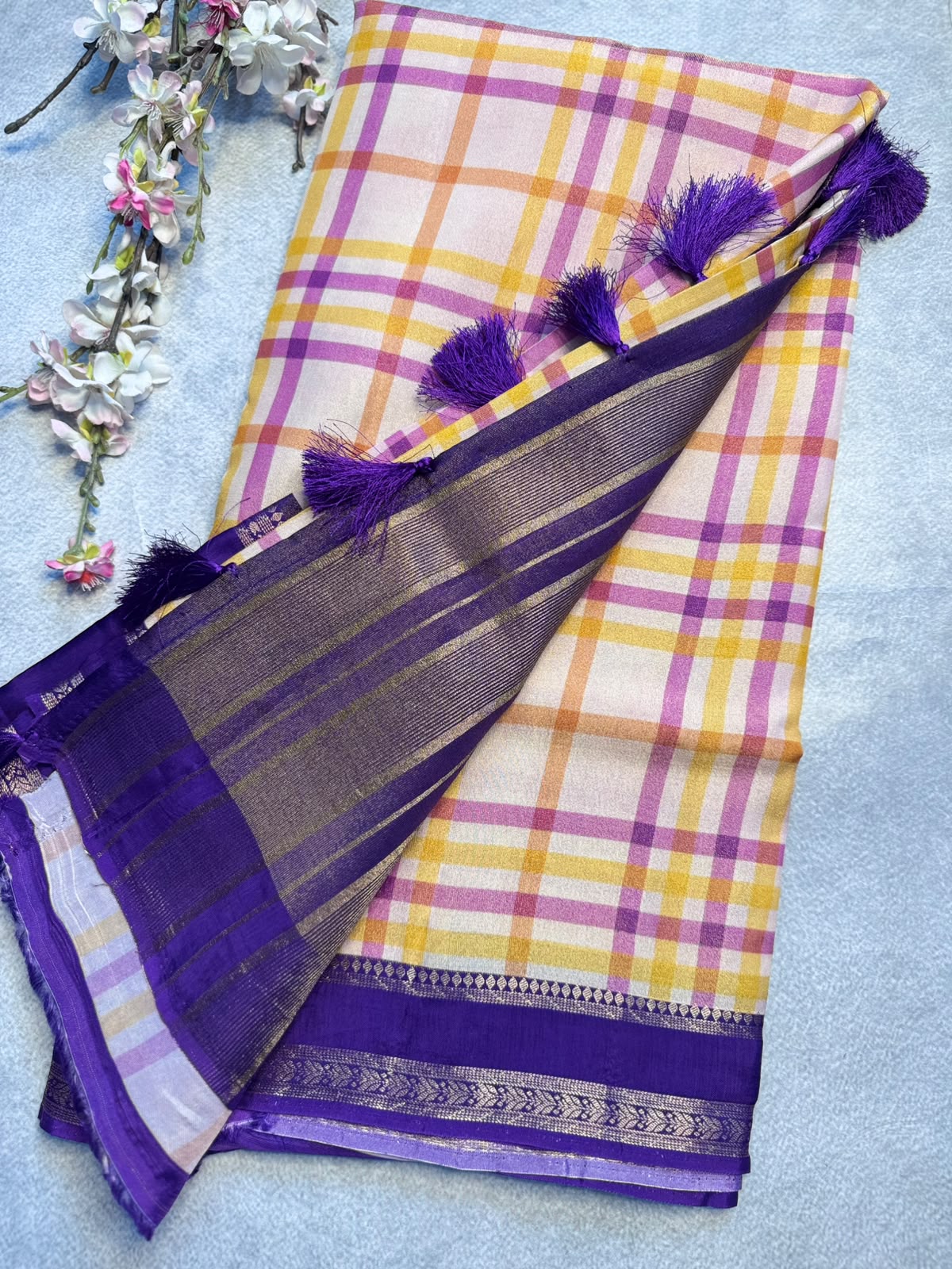 Cream n Purple Checks Crepe Tissue Saree 109