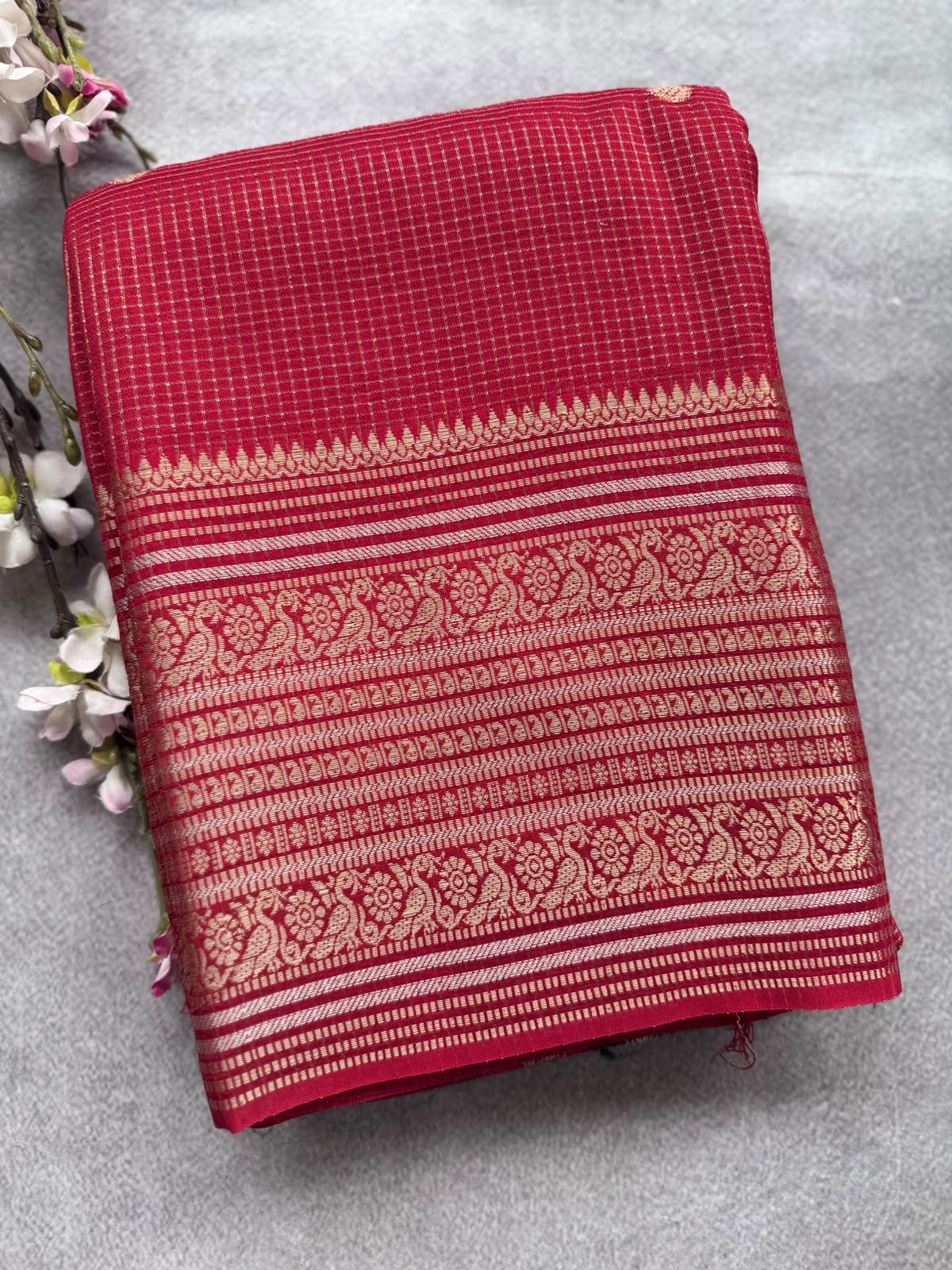 Red Checks Semi Crepe Saree 109