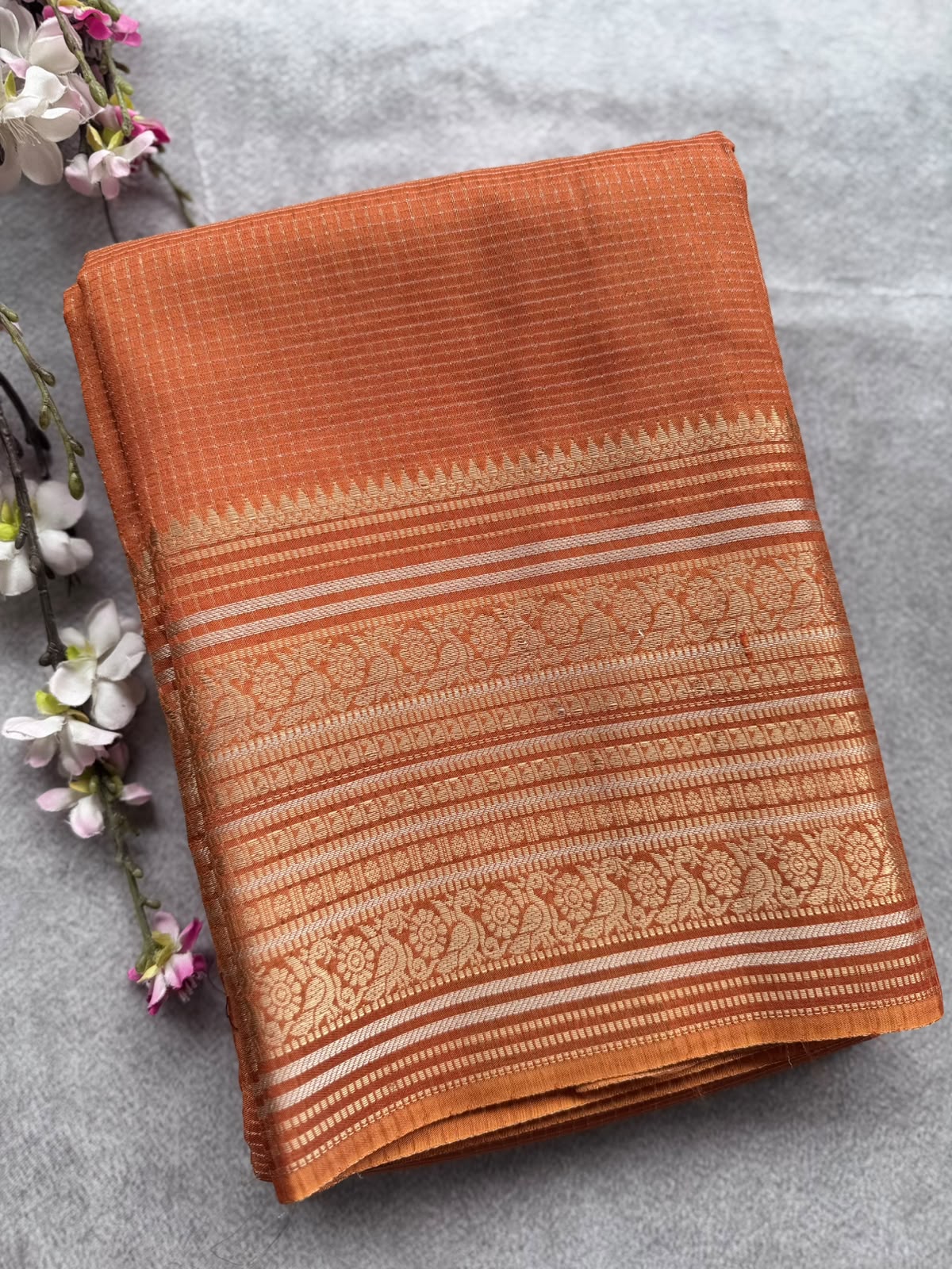 Orange Checks Semi Crepe Saree 109