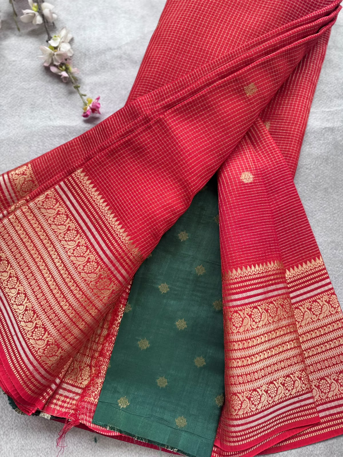 Red Checks Semi Crepe Saree 109