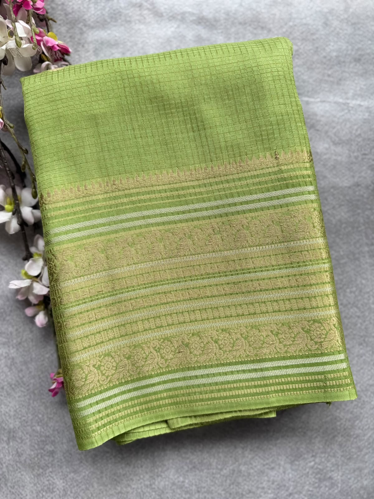 Pista Green Checks Semi Crepe Saree 109
