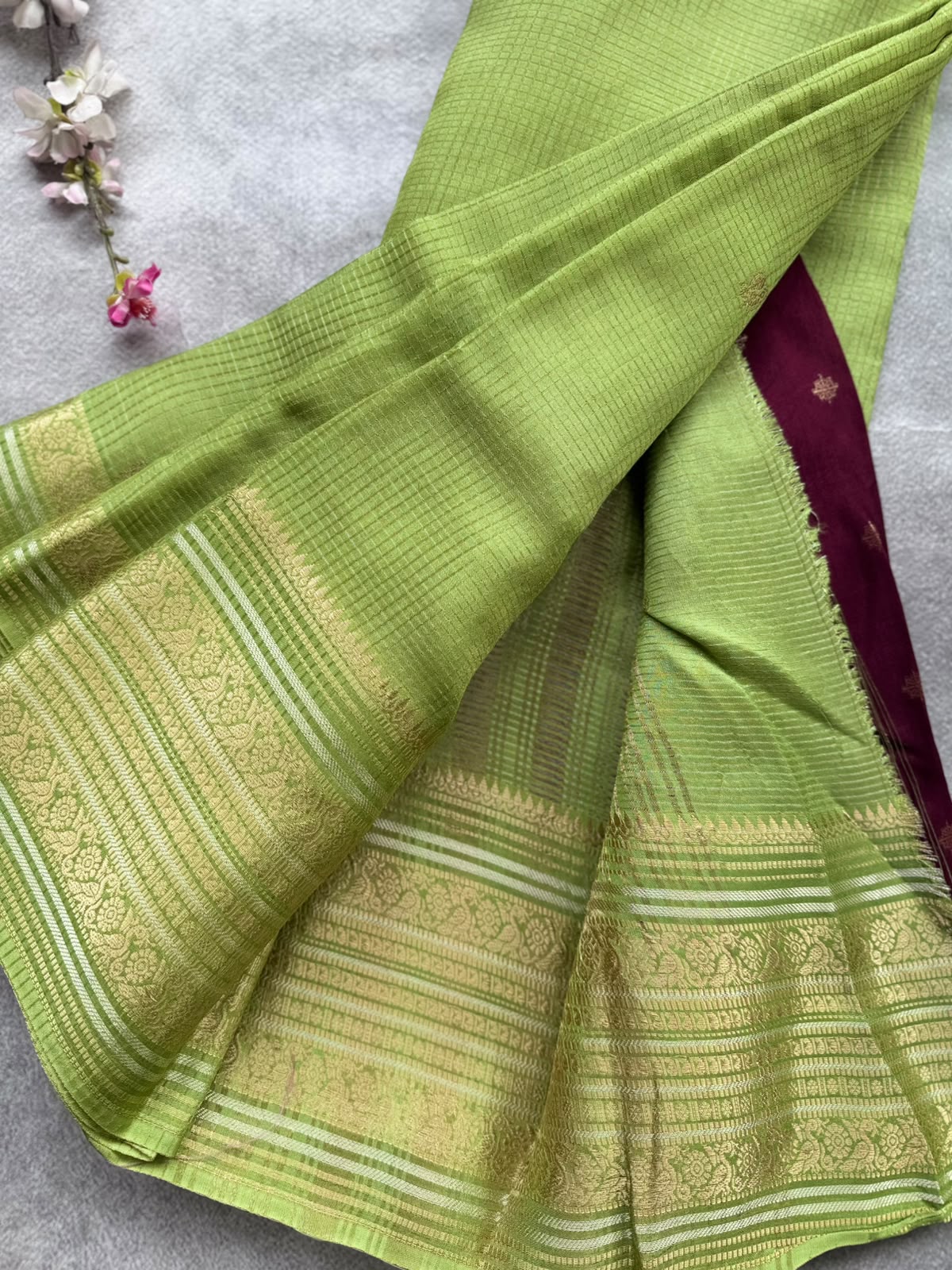Pista Green Checks Semi Crepe Saree 109
