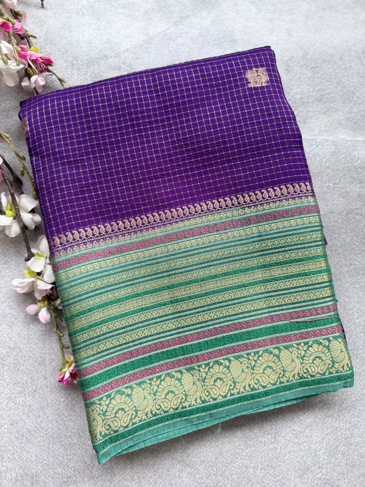 Purple Checks Semi Mysore Silk Saree 109