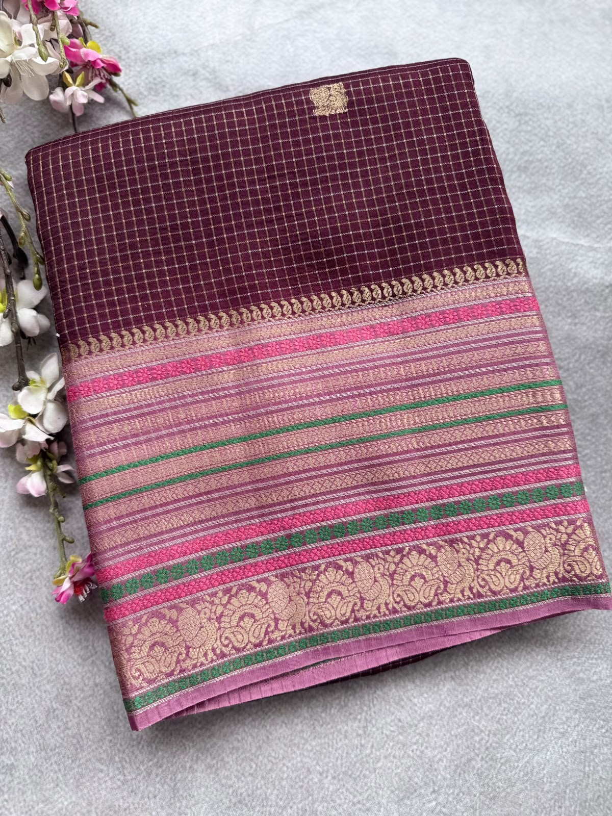 Brown Checks Semi Mysore Silk Saree 109