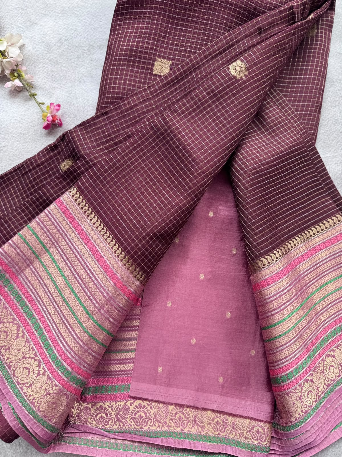 Brown Checks Semi Mysore Silk Saree 109