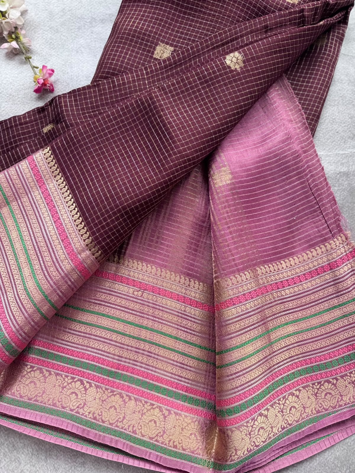Brown Checks Semi Mysore Silk Saree 109