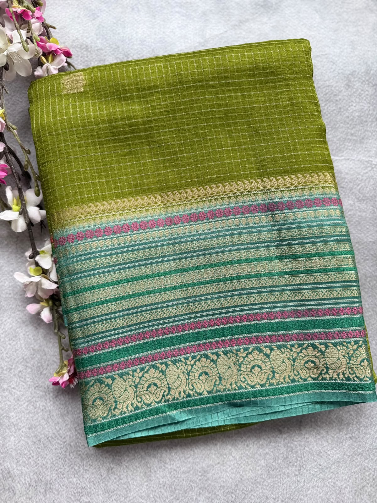 Green Checks Semi Mysore Silk Saree 109