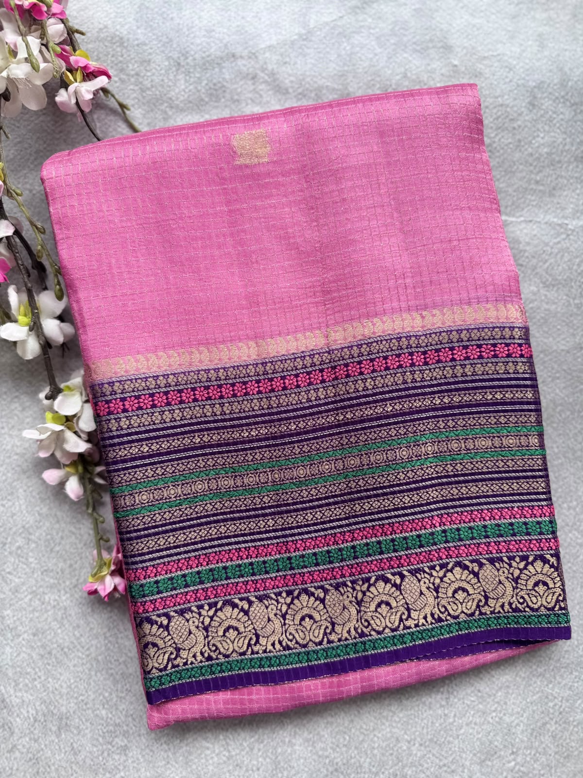 Pink Checks Semi Mysore Silk Saree 109