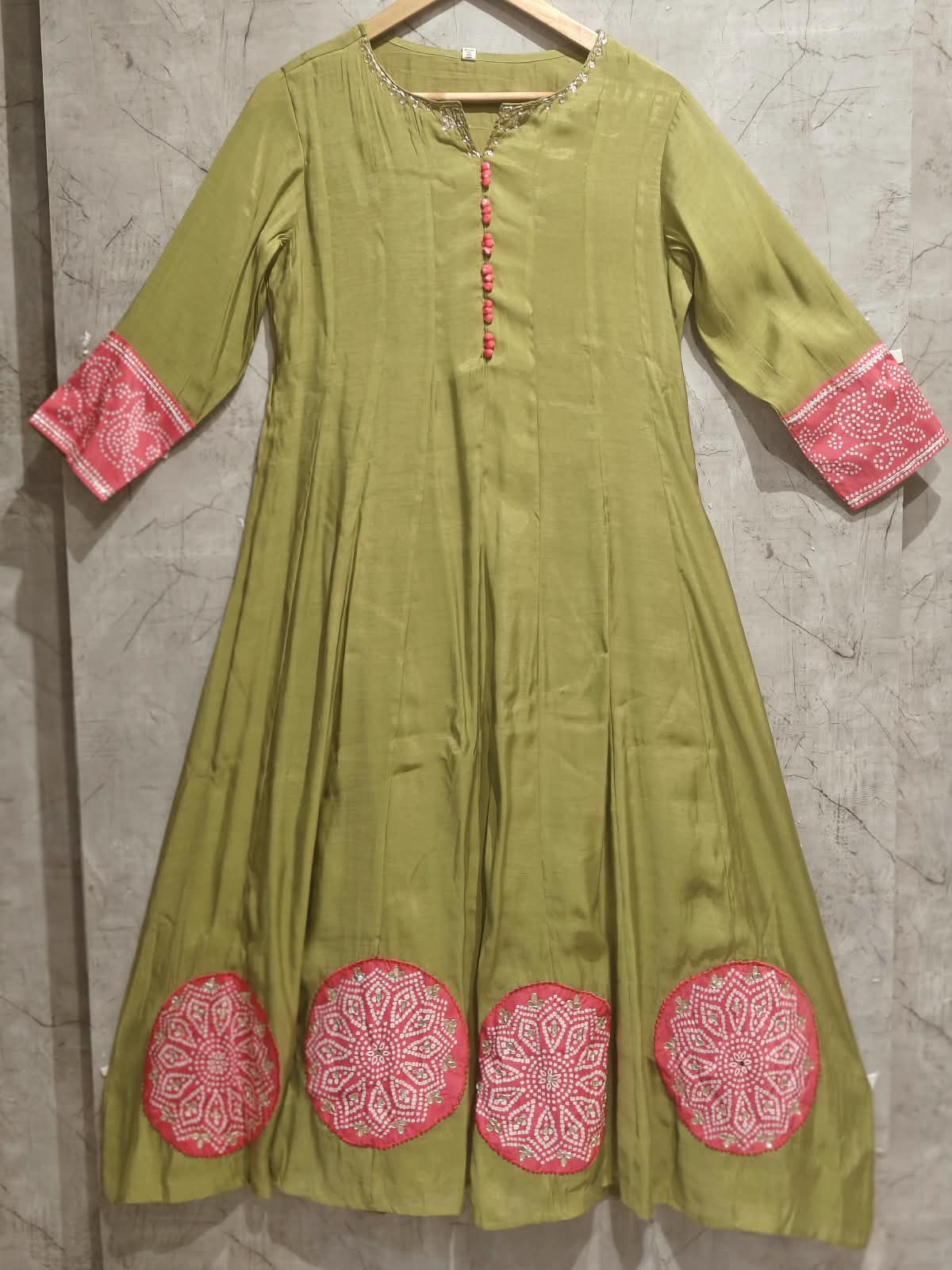 Mehandi Green Mul Chanderi Thread Embroidery A Line Kurtha 63
